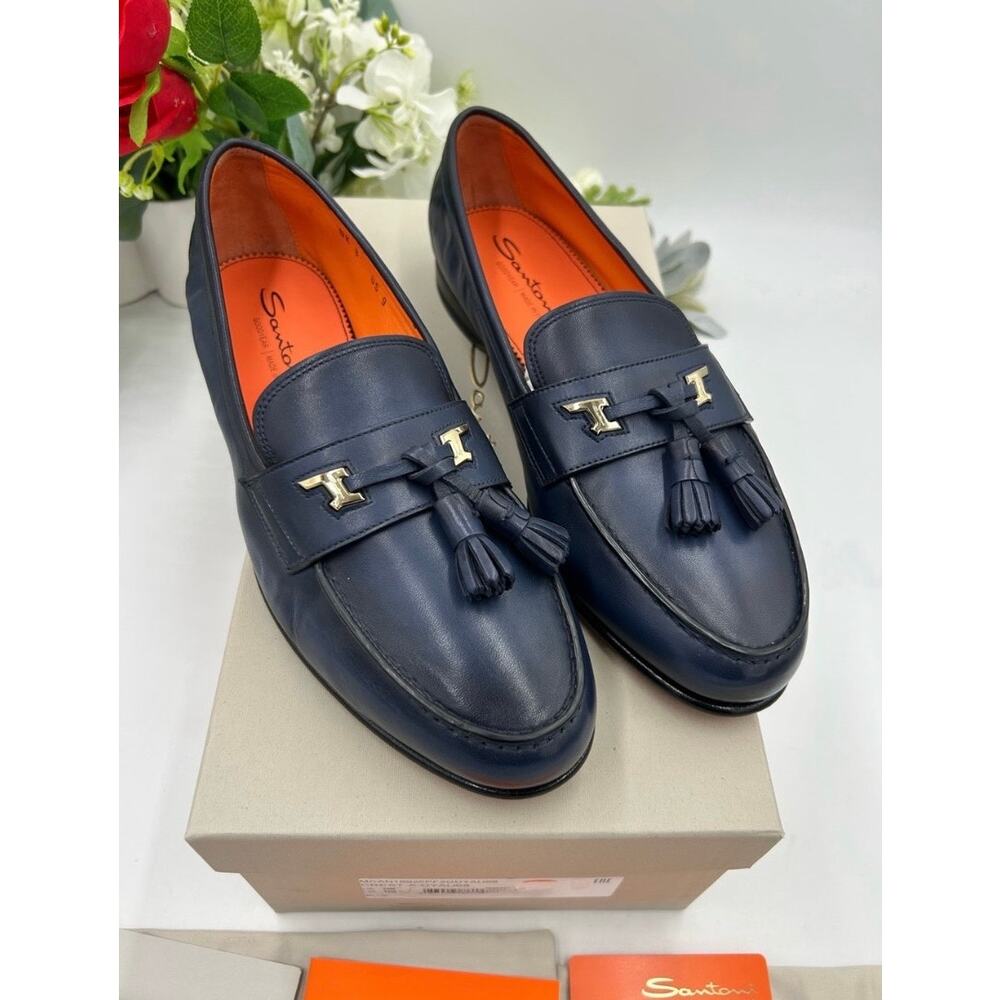 Men's Santoni blue Leather tassel loafers size 9 US made in Italy
